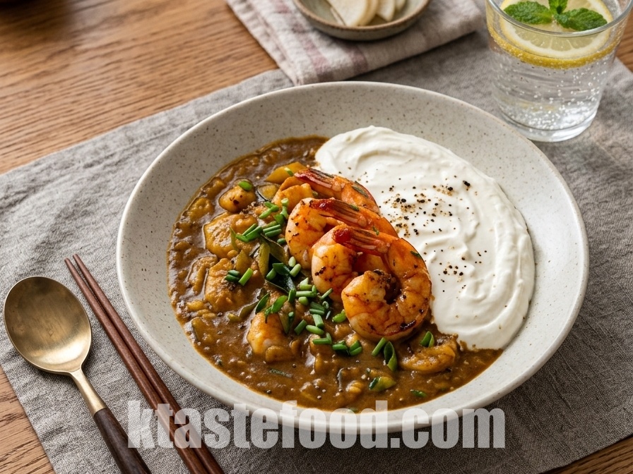Creamy Shrimp Curry Rice with Whipped Cream Dollop: Gourmet Fusion Recipe