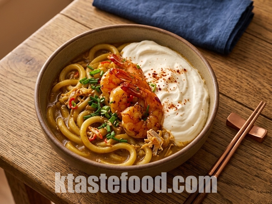 Creamy Shrimp Udon with Whipped Cream Dollop: One-Pan Gourmet Fusion Udon Recipe