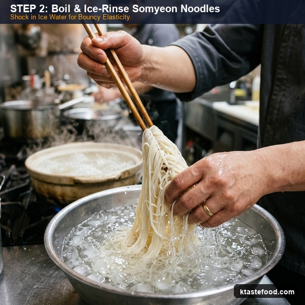 Step 2: Cook & Ice-Rinse Somyeon Noodles