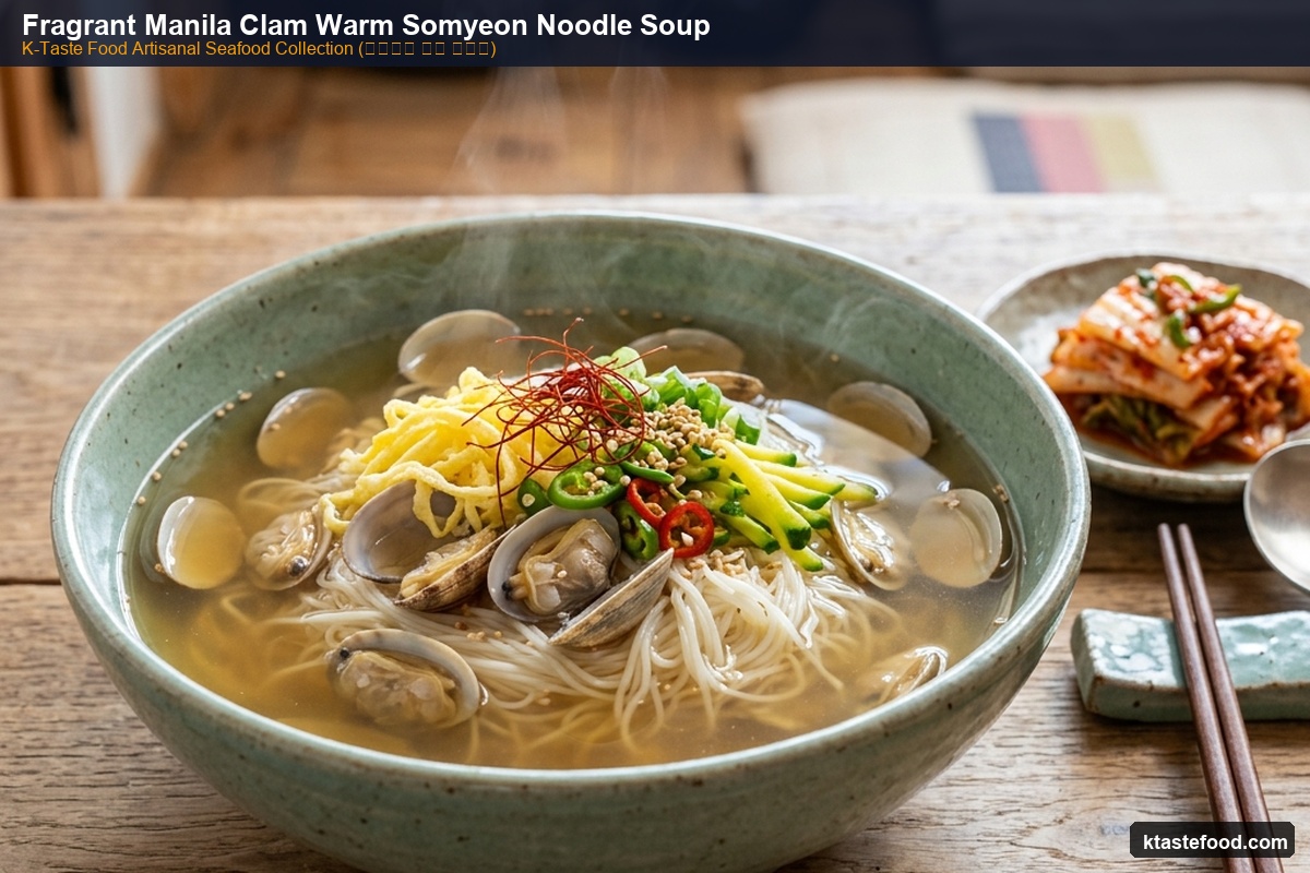 Fragrant Manila Clam Warm Somyeon Noodle Soup (모시조개 냉이 온소면)