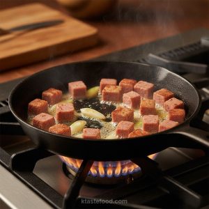 Step 2: Crisp Spam & Aromatic Scallion Oil - Kimchi Fried Rice