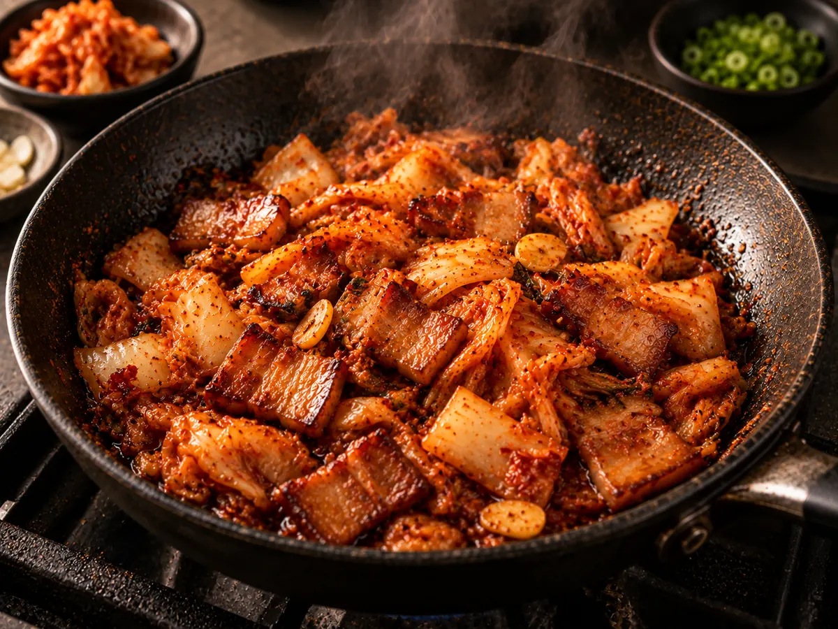 Bacon and kimchi frying in a dark skillet for spicy kimchi udon