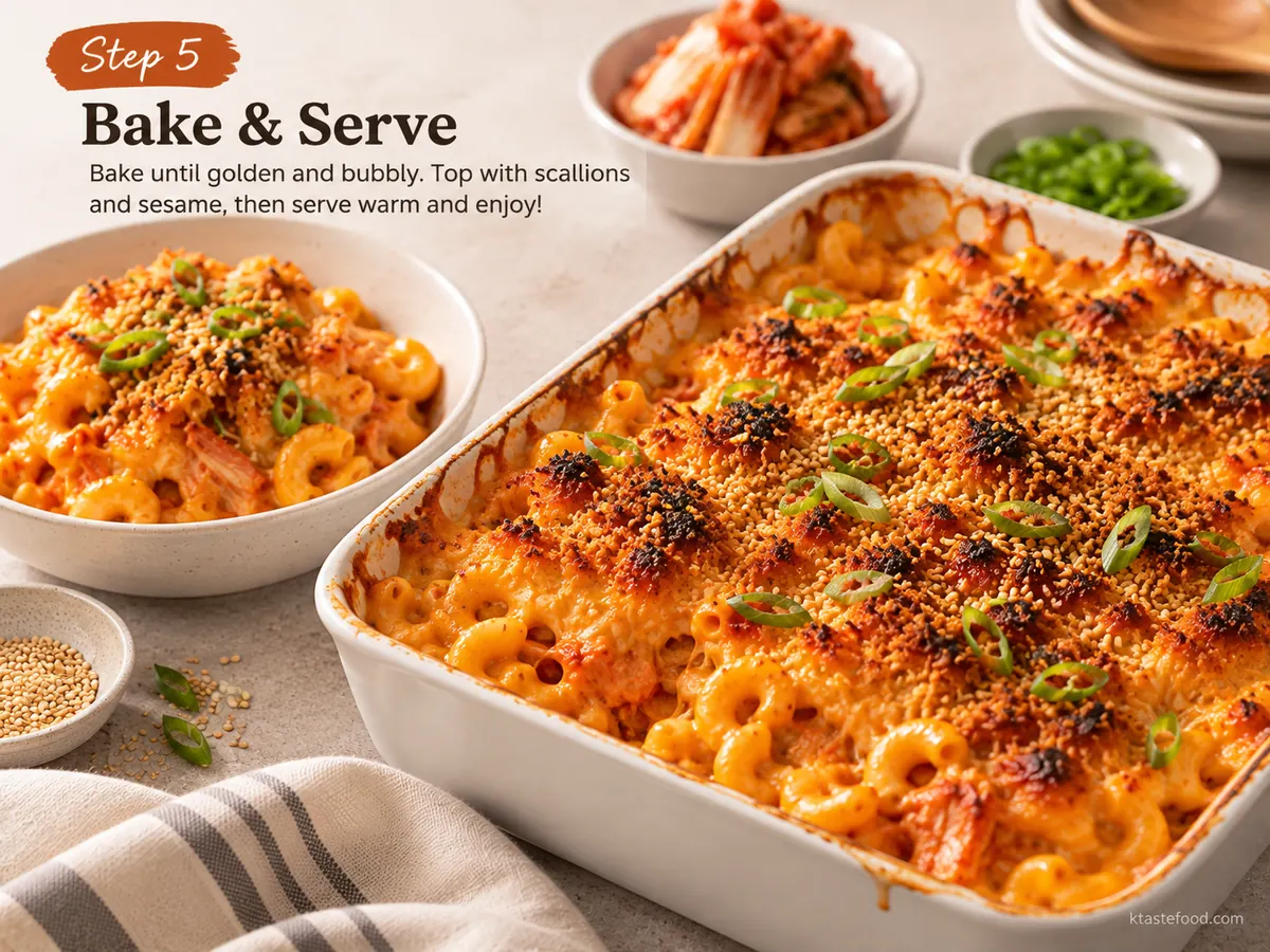 Baked no-roux kimchi mac and cheese with crisp doenjang sesame panko and scallions