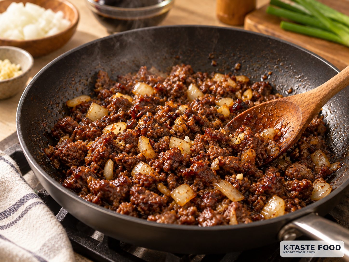 Bulgogi-style ground beef cooking in a skillet for Korean stuffed peppers