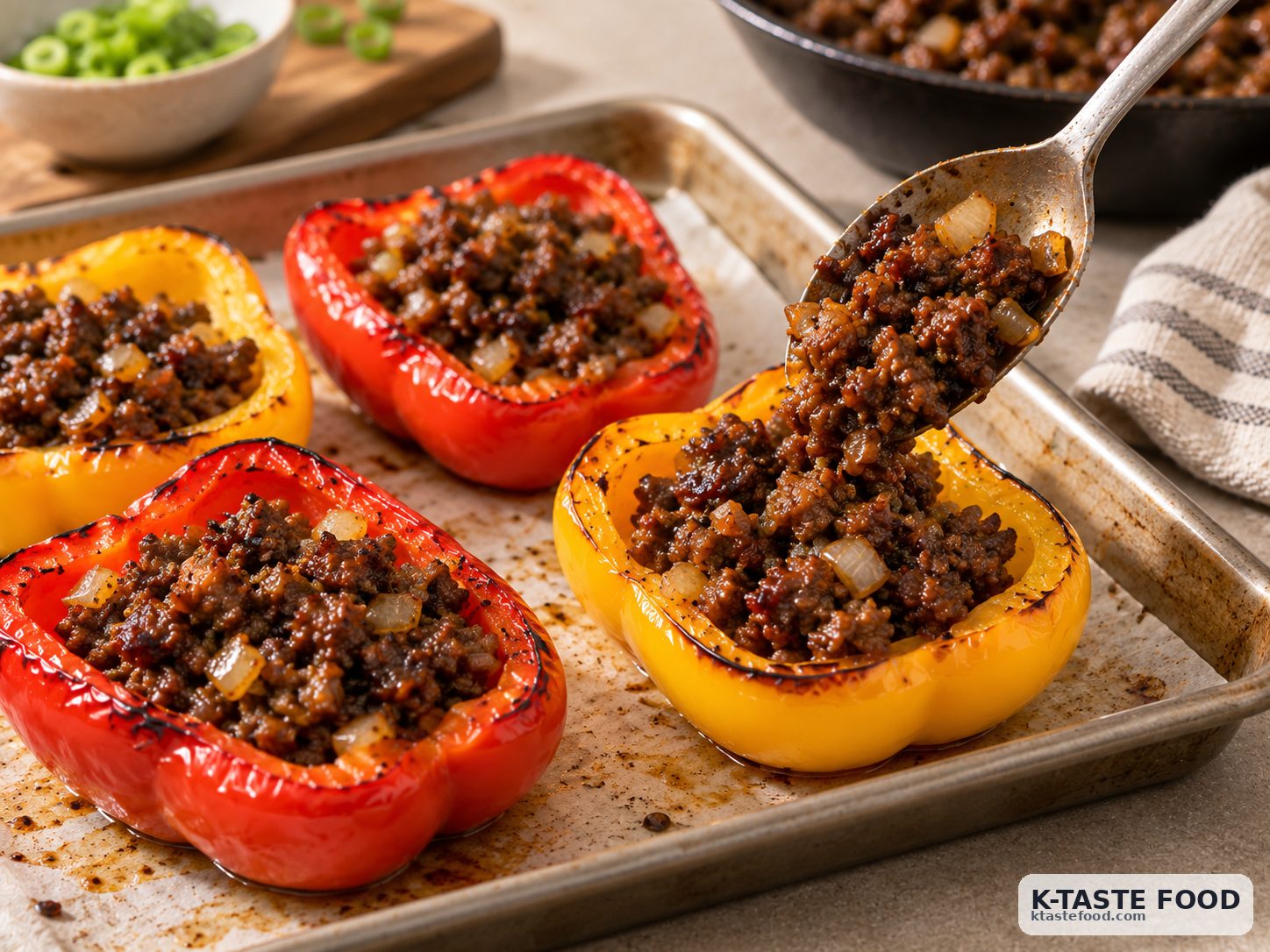 Roasted bell pepper halves filled with bulgogi-style beef before final baking
