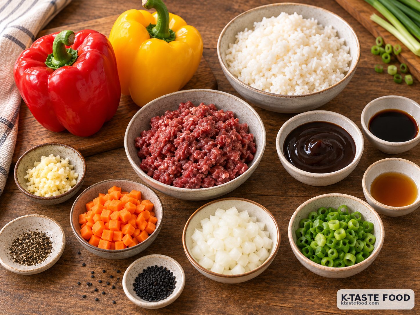Ingredients for Korean bulgogi stuffed peppers and vegetable fried rice