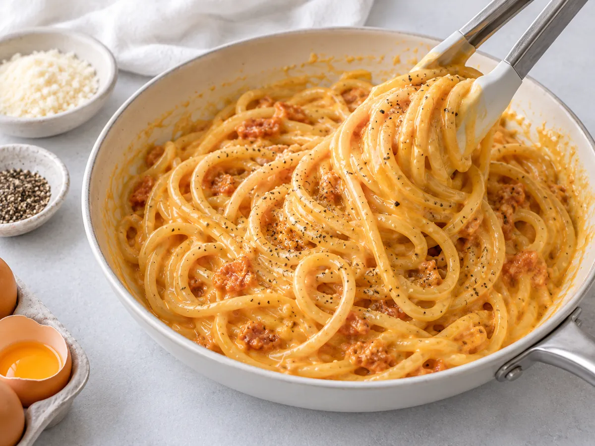 Glossy creamy kimchi carbonara emulsified with egg and cheese off the heat
