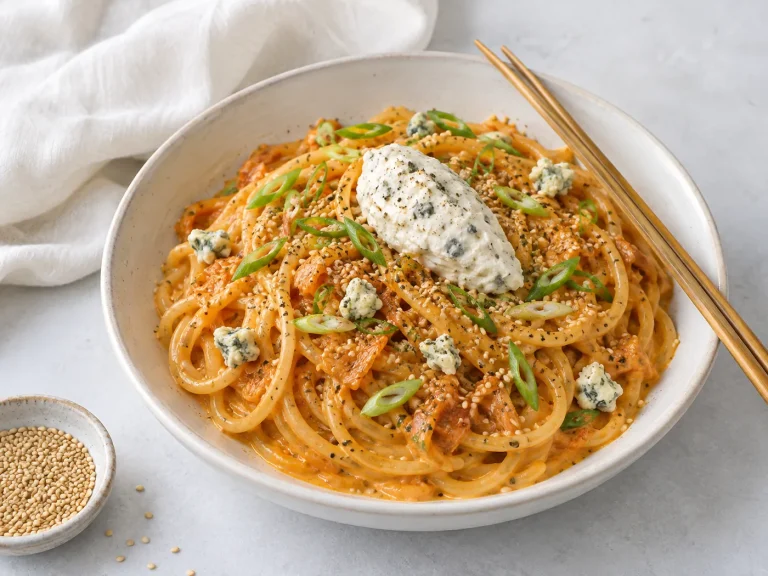 Creamy kimchi carbonara topped with whipped Gorgonzola, scallions, sesame, and blue cheese crumbles