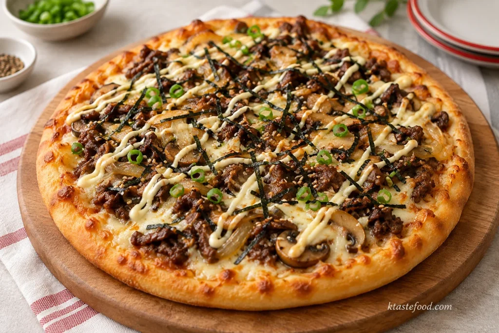 Easy Korean bulgogi pizza with mozzarella, onions, mushrooms, creamy drizzle, green onions, sesame seeds, and seaweed