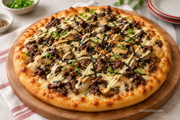 Easy Korean bulgogi pizza with mozzarella, onions, mushrooms, creamy drizzle, green onions, sesame seeds, and seaweed