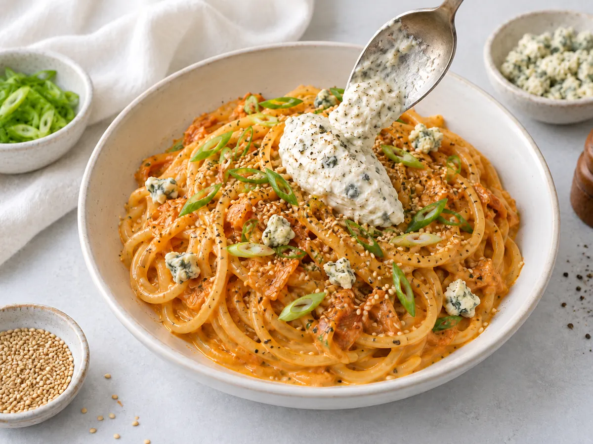 Kimchi carbonara finished with whipped Gorgonzola, scallions, sesame, and blue cheese