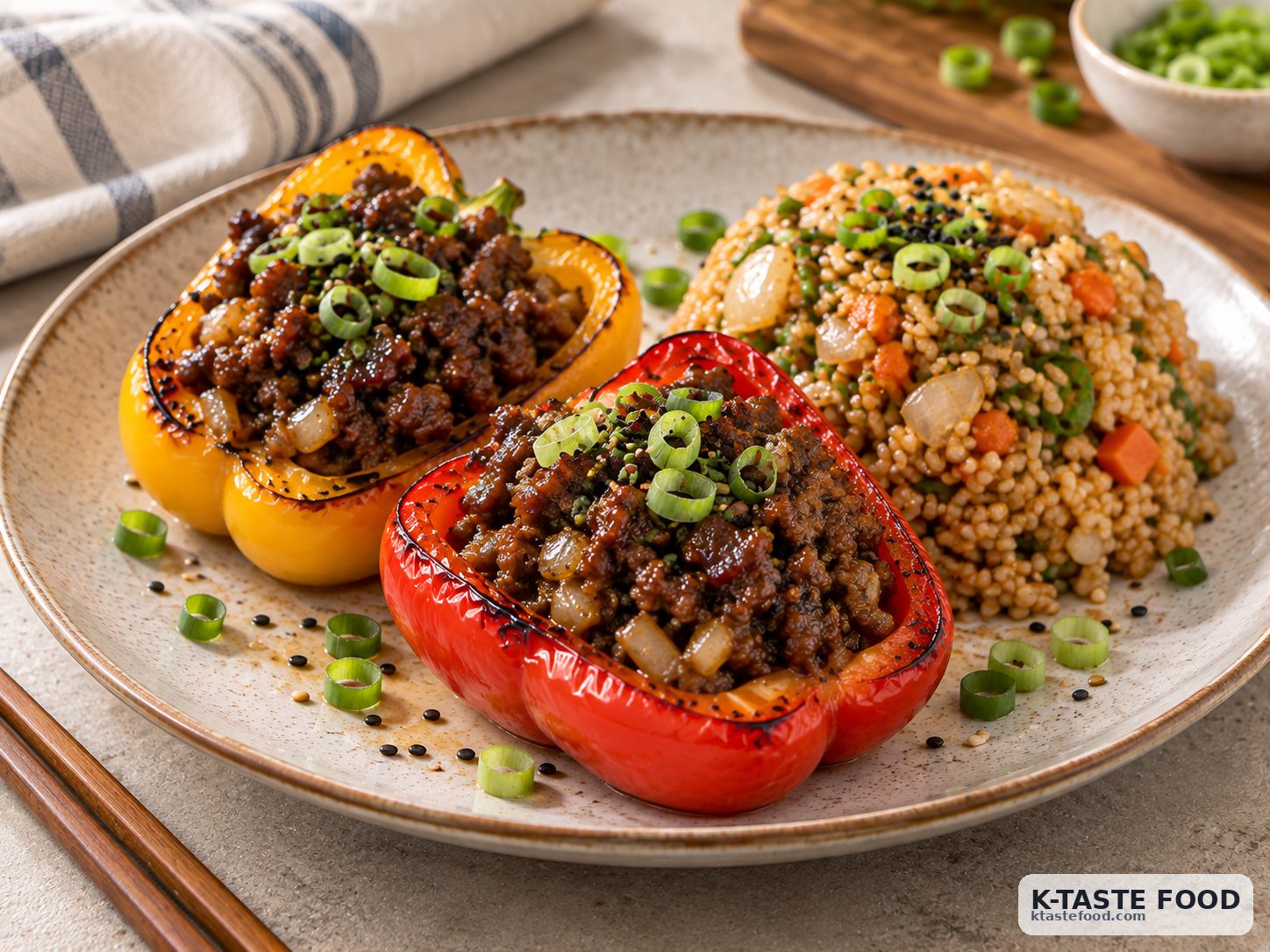 Finished Korean bulgogi stuffed peppers with vegetable fried rice