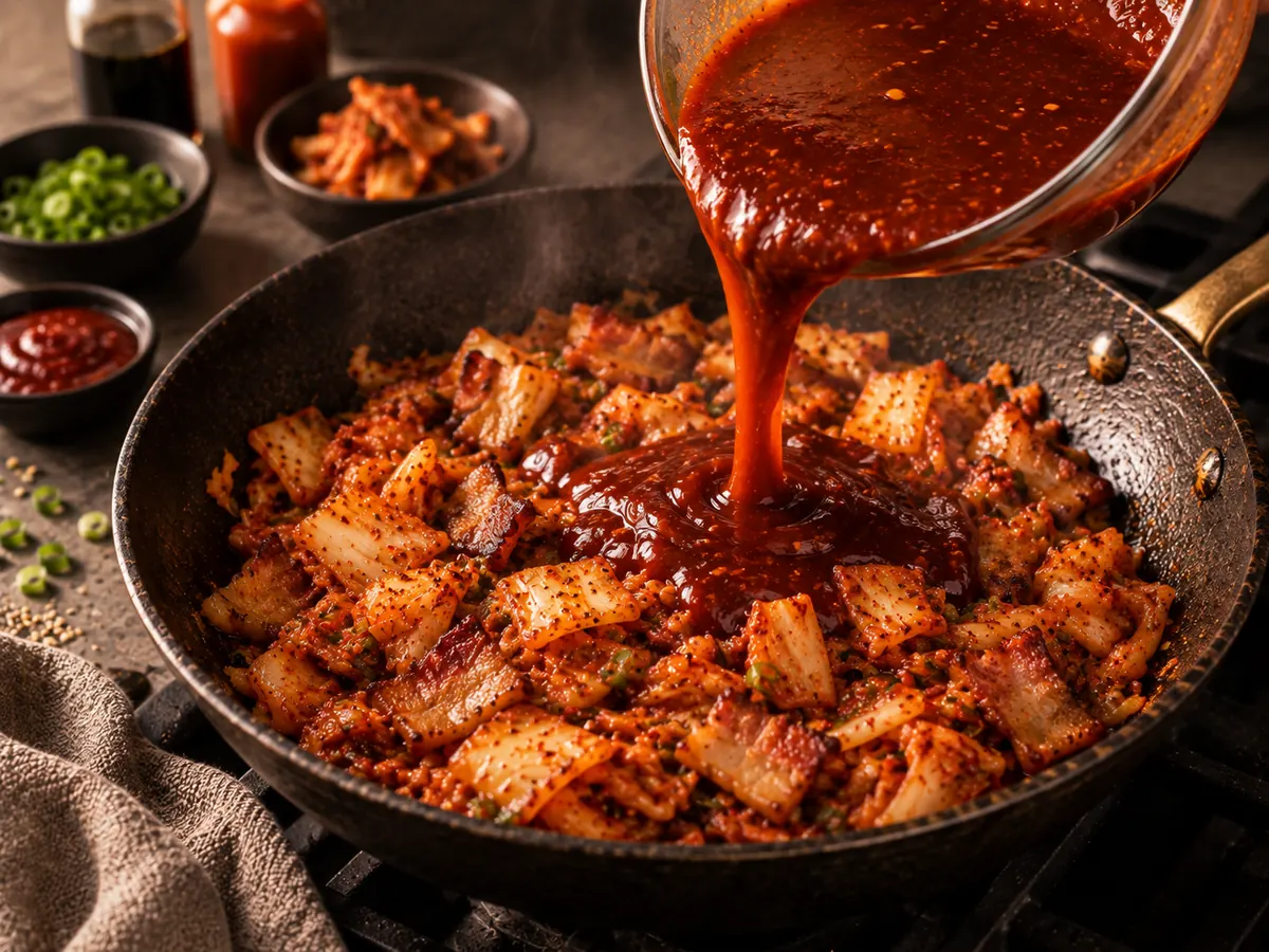 Gochujang hot sauce mixture being poured over bacon and kimchi