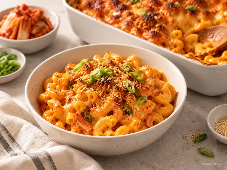 Creamy no-roux kimchi mac and cheese with toasted doenjang sesame crunch, scallions, and sesame
