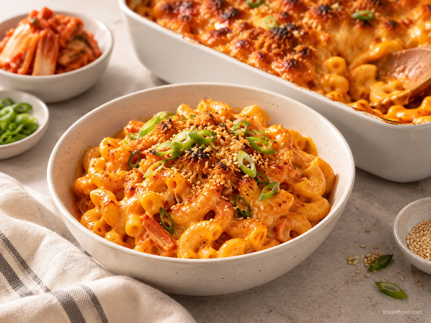 Creamy no-roux kimchi mac and cheese with toasted doenjang sesame crunch, scallions, and sesame