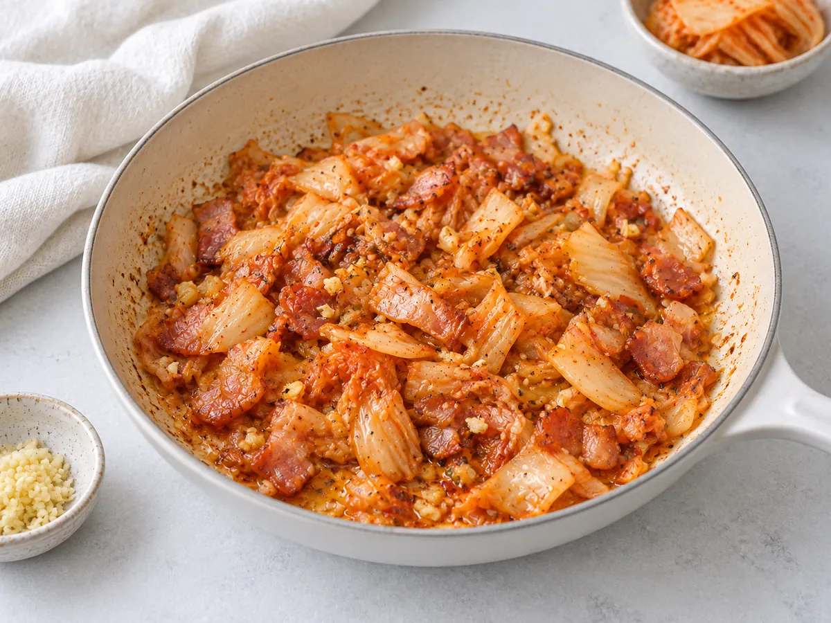 Kimchi and pancetta sautéed in a skillet for kimchi carbonara