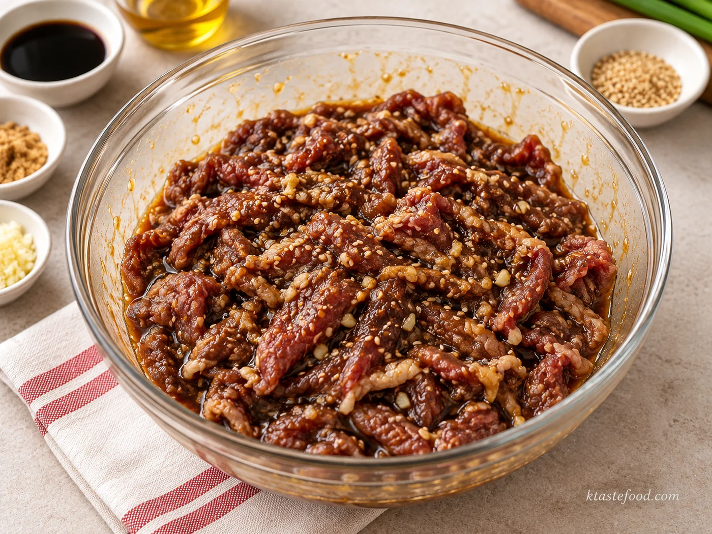 Thinly sliced beef marinated with soy sauce, brown sugar, sesame oil, garlic, and black pepper for Korean bulgogi pizza