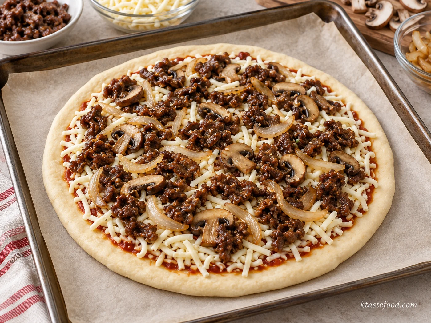 Prebaked pizza crust topped with mozzarella, bulgogi beef, onions, and mushrooms before baking