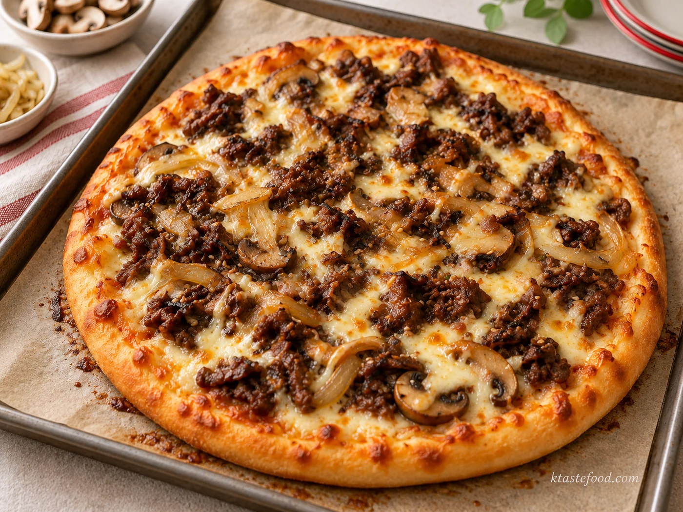 Freshly baked Korean bulgogi pizza with melted mozzarella, beef, onions, and mushrooms on a golden crust