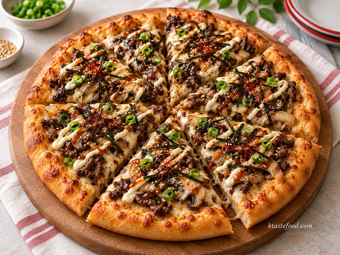 Finished Korean bulgogi pizza drizzled with creamy sauce and garnished with green onions, sesame seeds, seaweed, and chili threads