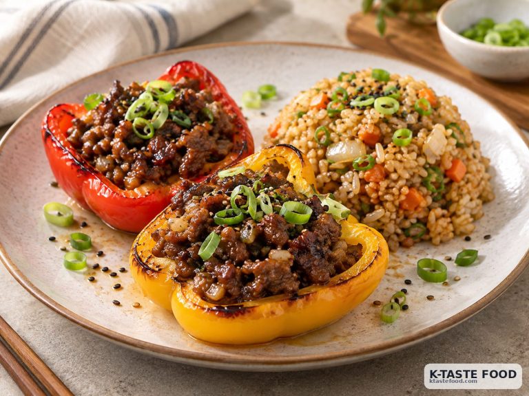 Korean bulgogi stuffed bell peppers served with vegetable fried rice