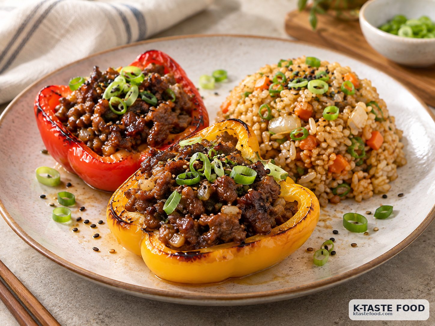 Korean Bulgogi Stuffed Peppers with Vegetable Fried Rice