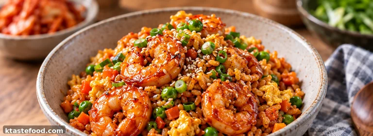 Korean gochujang chili oil shrimp fried rice with shrimp, egg, vegetables, green onions and sesame seeds