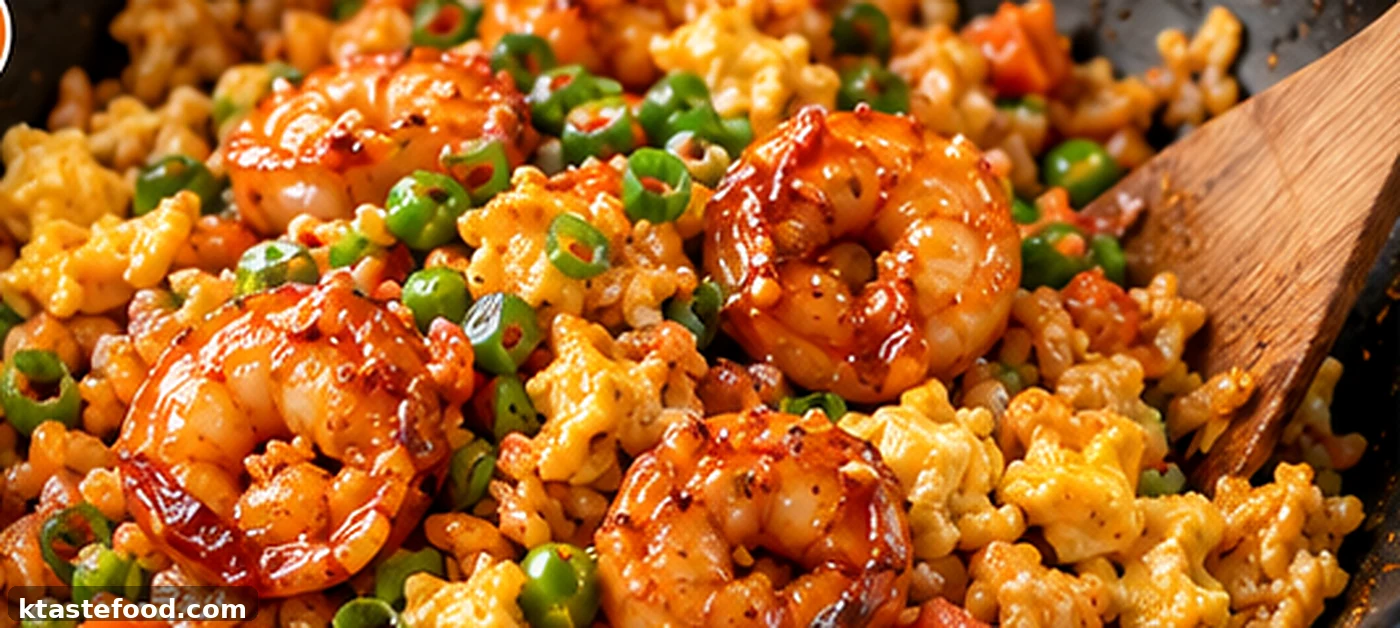 Egg and spicy shrimp folded into Korean fried rice in a pan