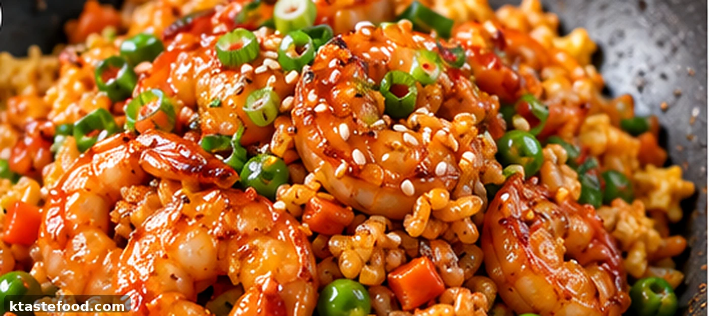 Finished Korean gochujang chili oil shrimp fried rice garnished with green onion and sesame seeds