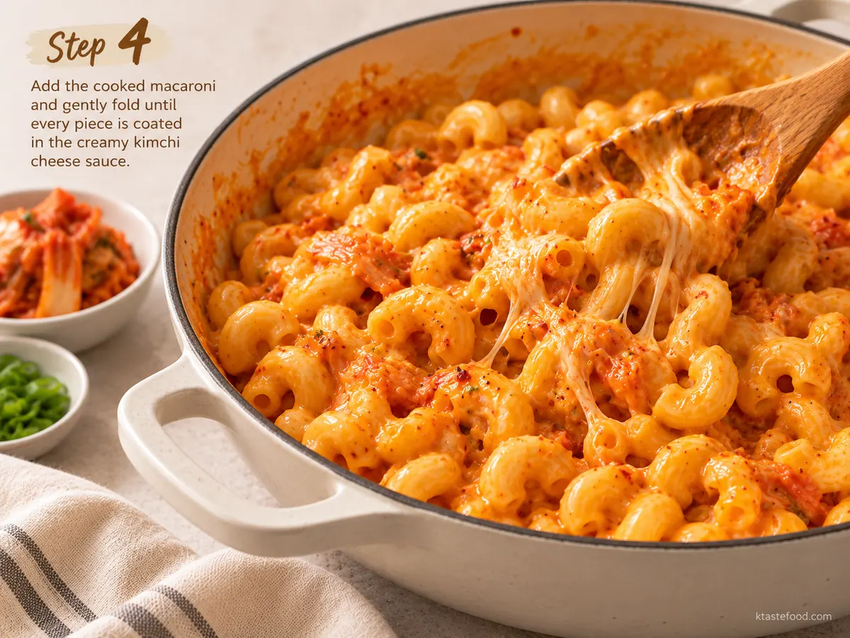Cavatappi tossed in creamy no-roux kimchi cheese sauce