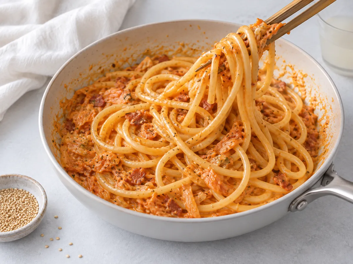 Pasta tossed with kimchi and pancetta in a skillet