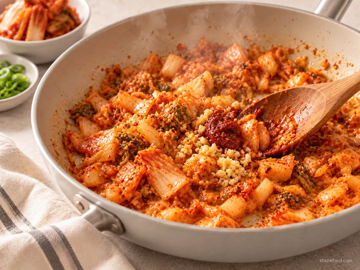 Kimchi, onion, garlic, and gochujang sautéed until concentrated for no-roux kimchi mac and cheese