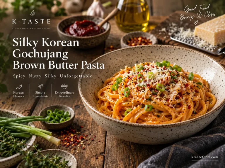 Silky Korean gochujang brown butter pasta finished with Parmesan, scallions, and chili flakes