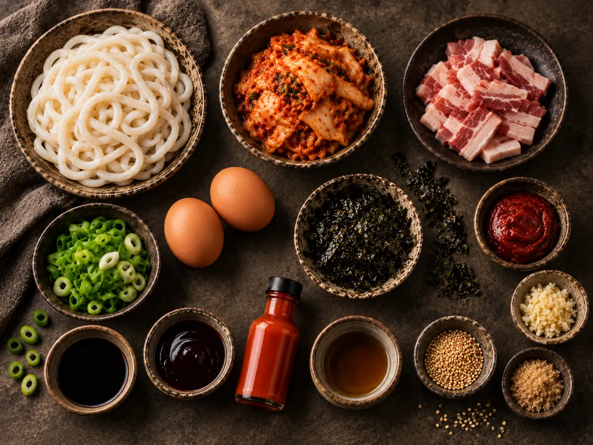 Ingredients for spicy kimchi udon including udon noodles, kimchi, bacon, eggs, hot sauce, gochujang, soy sauce, scallions, sesame, and gim