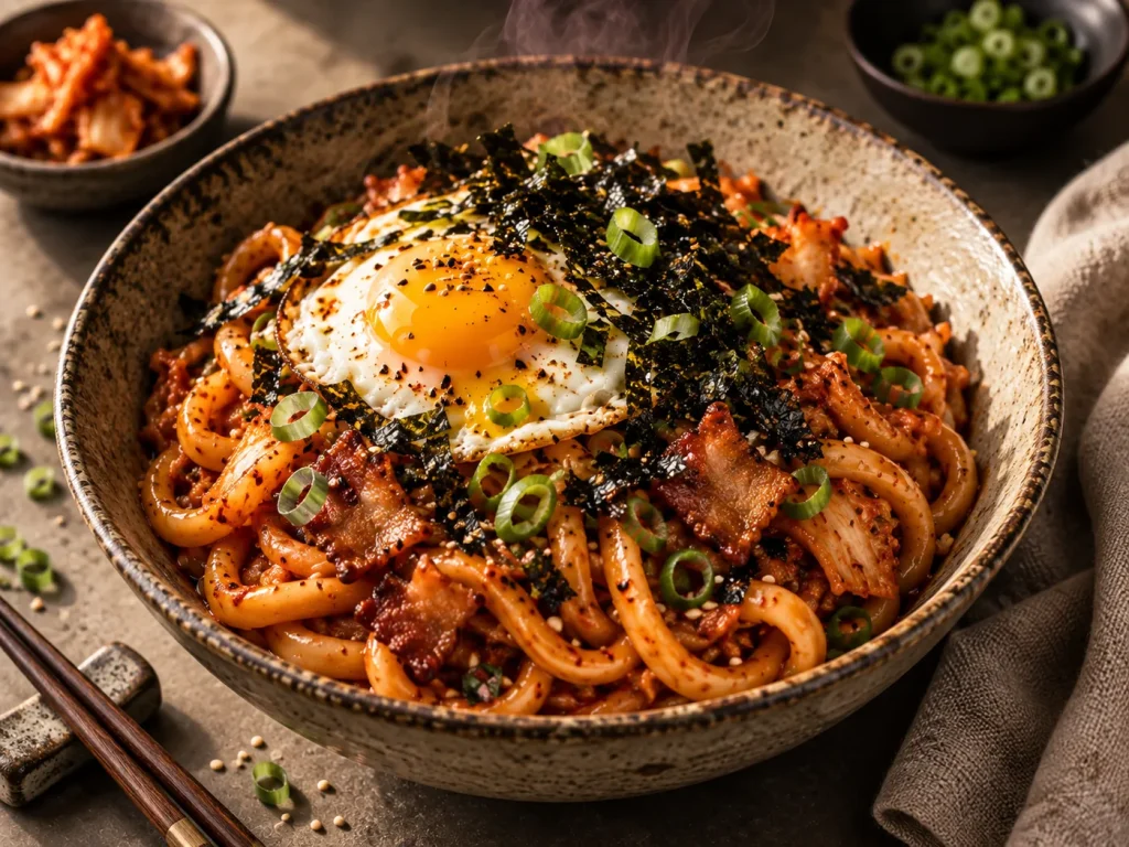 Spicy kimchi udon with bacon, fried egg, scallions, sesame, and crisp gim