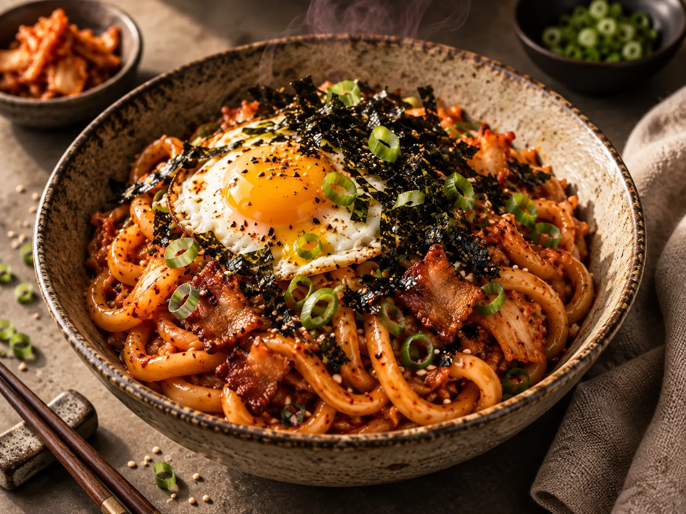 Spicy Kimchi Udon with Bacon, Hot Sauce & Gim