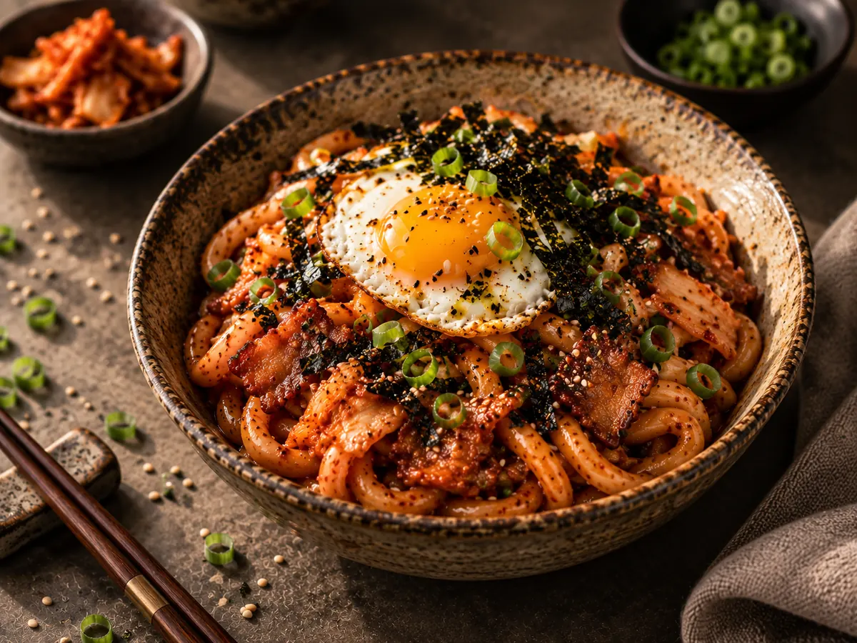 Finished spicy kimchi udon with fried egg, bacon, scallions, sesame, and gim flakes