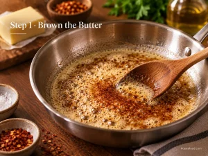 Brown butter foaming in a skillet for gochujang brown butter pasta