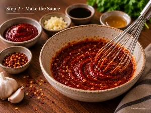 Gochujang sauce being whisked with garlic, soy sauce, and honey