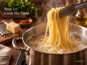 Spaghetti cooking until al dente for Korean gochujang pasta