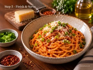 Finished gochujang brown butter pasta topped with Parmesan and scallions