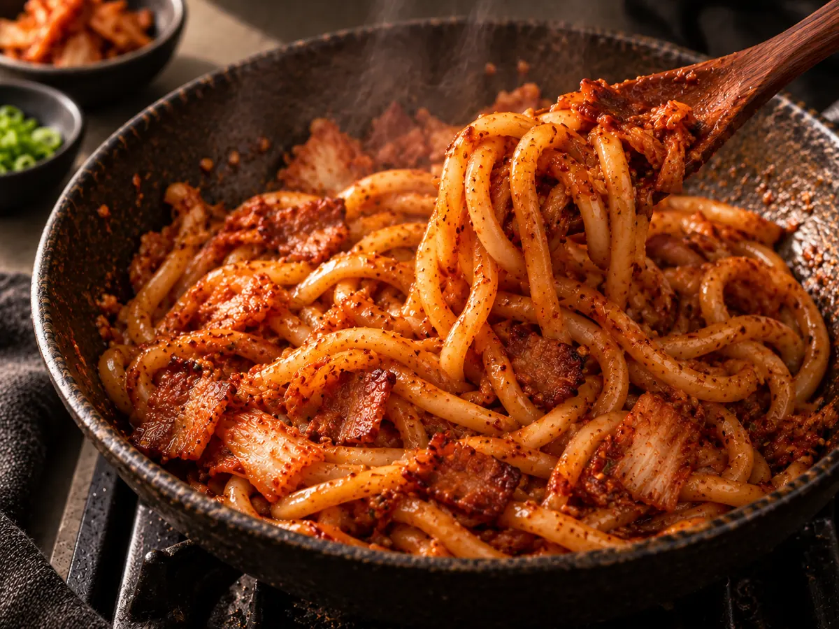 Spicy kimchi bacon udon being tossed in a dark skillet