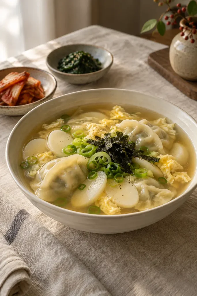 Tteok mandu guk with Korean rice cakes, dumplings, egg ribbons, scallions, and roasted seaweed