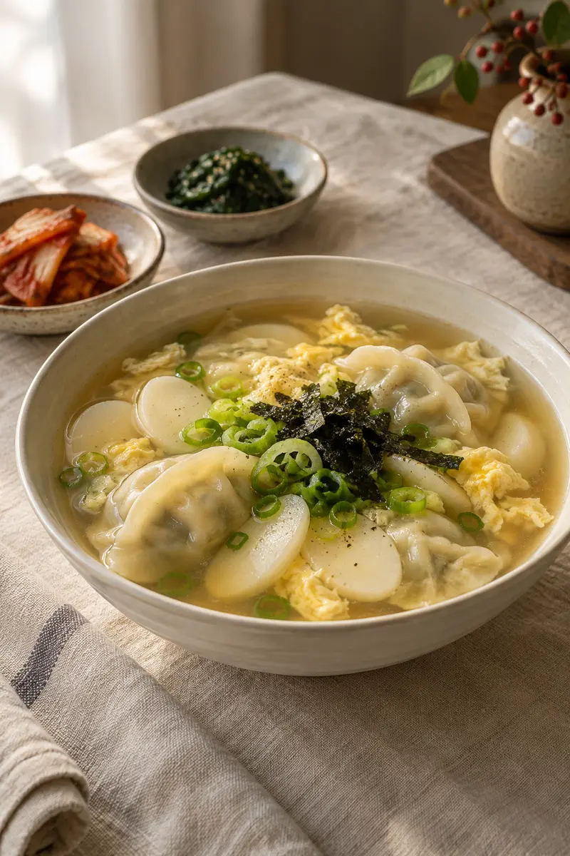 Tteok mandu guk with Korean rice cakes, dumplings, egg ribbons, scallions, and roasted seaweed