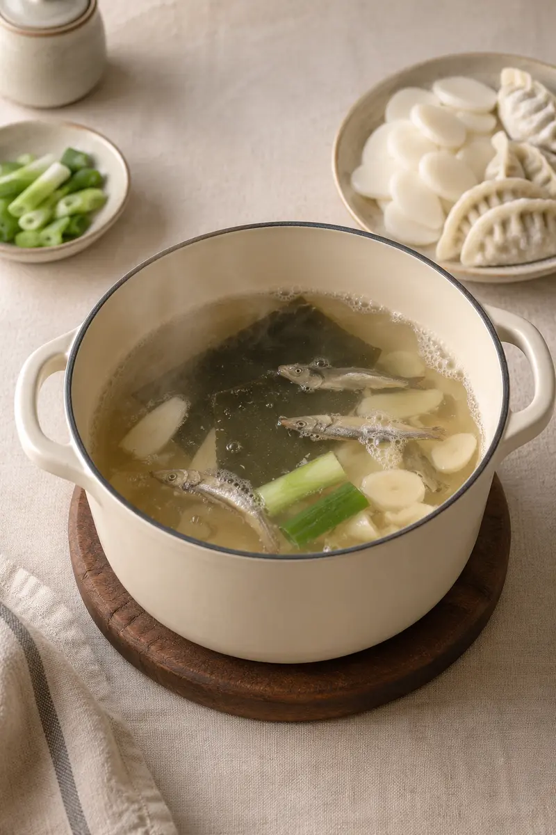 Anchovy-kelp broth simmering with garlic in a cream enamel pot for tteok mandu guk