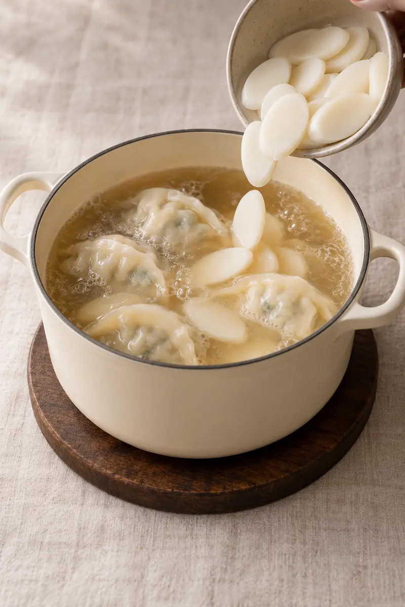 Rice cakes being added to dumplings cooking in clear Korean soup broth