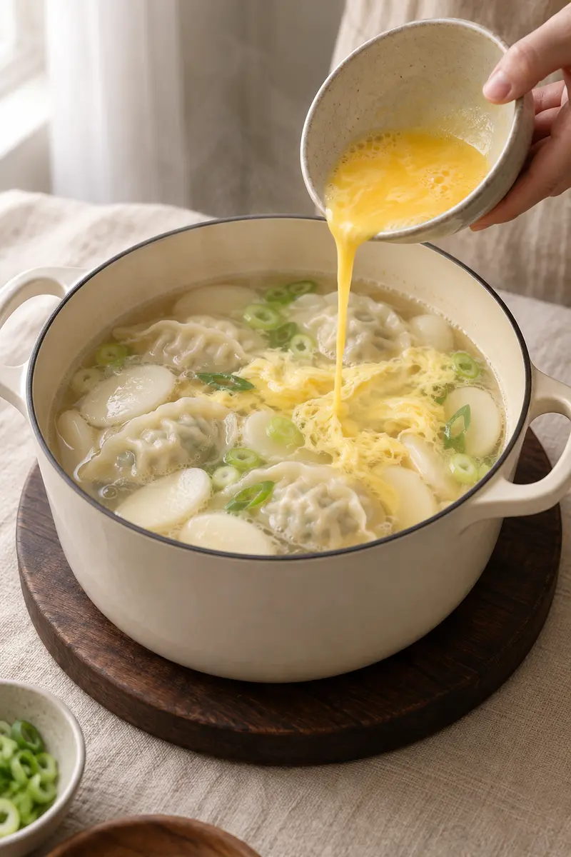 Beaten egg streamed into tteok mandu guk to form soft egg ribbons