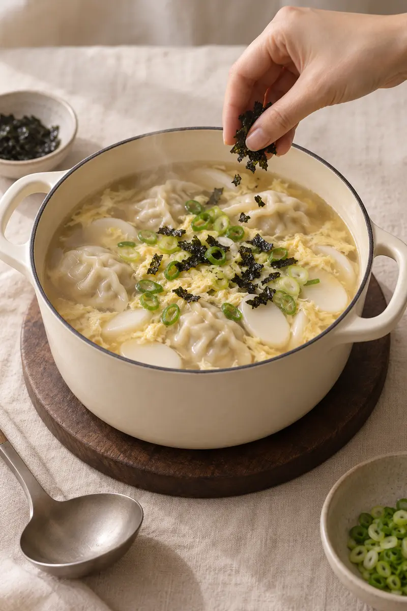 Finished tteok mandu guk garnished with scallions and roasted seaweed