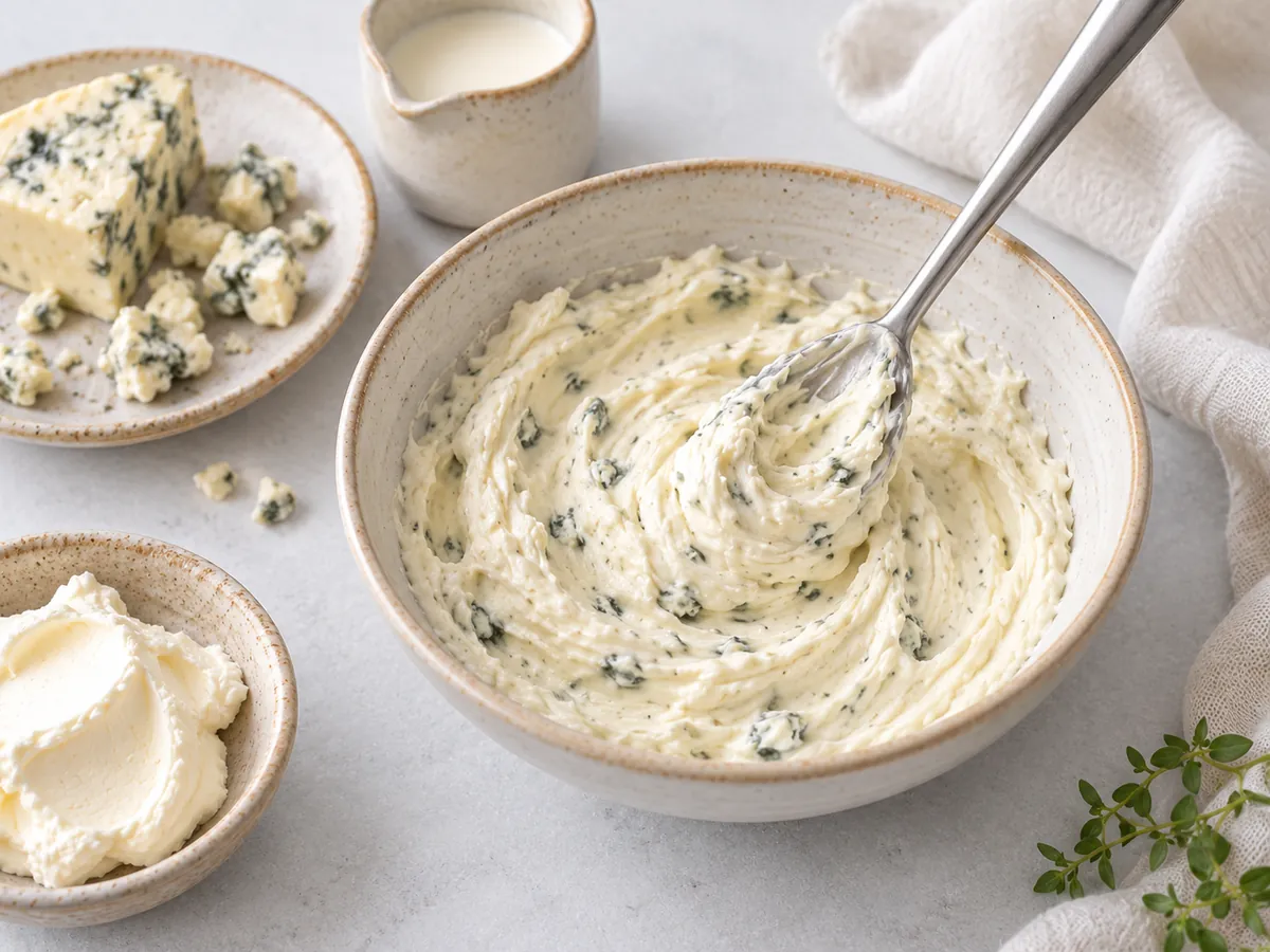 Whipped Gorgonzola cream mixed with cream cheese for kimchi carbonara