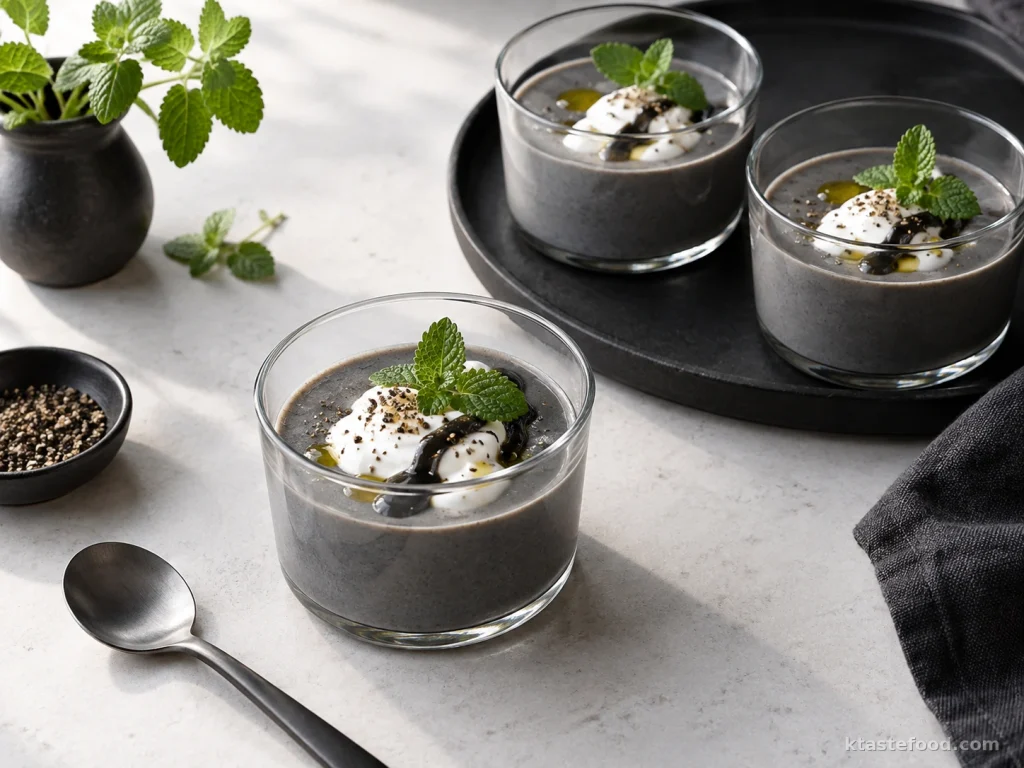 Black sesame pudding topped with whipped cream, olive oil, cracked pepper, and apple mint